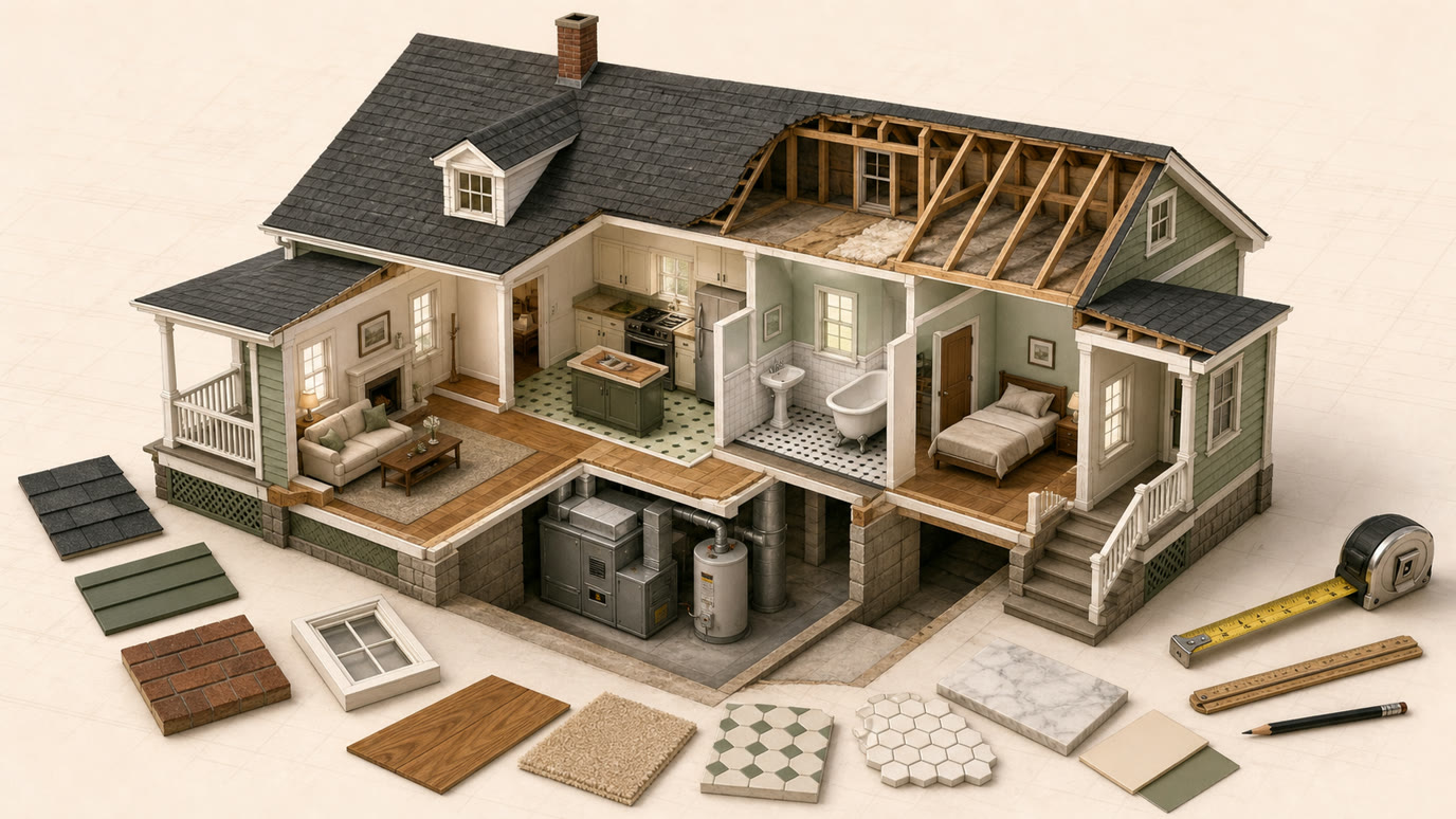 Architectural cutaway of a house showing rooms, roof, mechanical systems, and renovation materials for a room-by-room rehab estimate