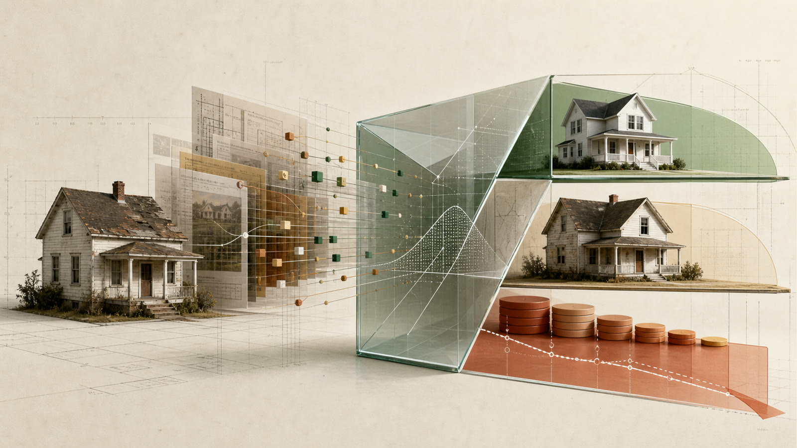 Editorial illustration of a distressed house passing through property records and a transparent valuation prism that separates current condition, renovated value, and investor economics