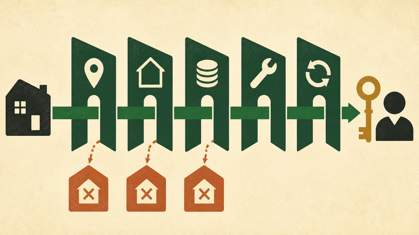 Editorial illustration of a wholesale property passing through location, property type, price, rehab, and strategy filters before reaching a matching cash buyer