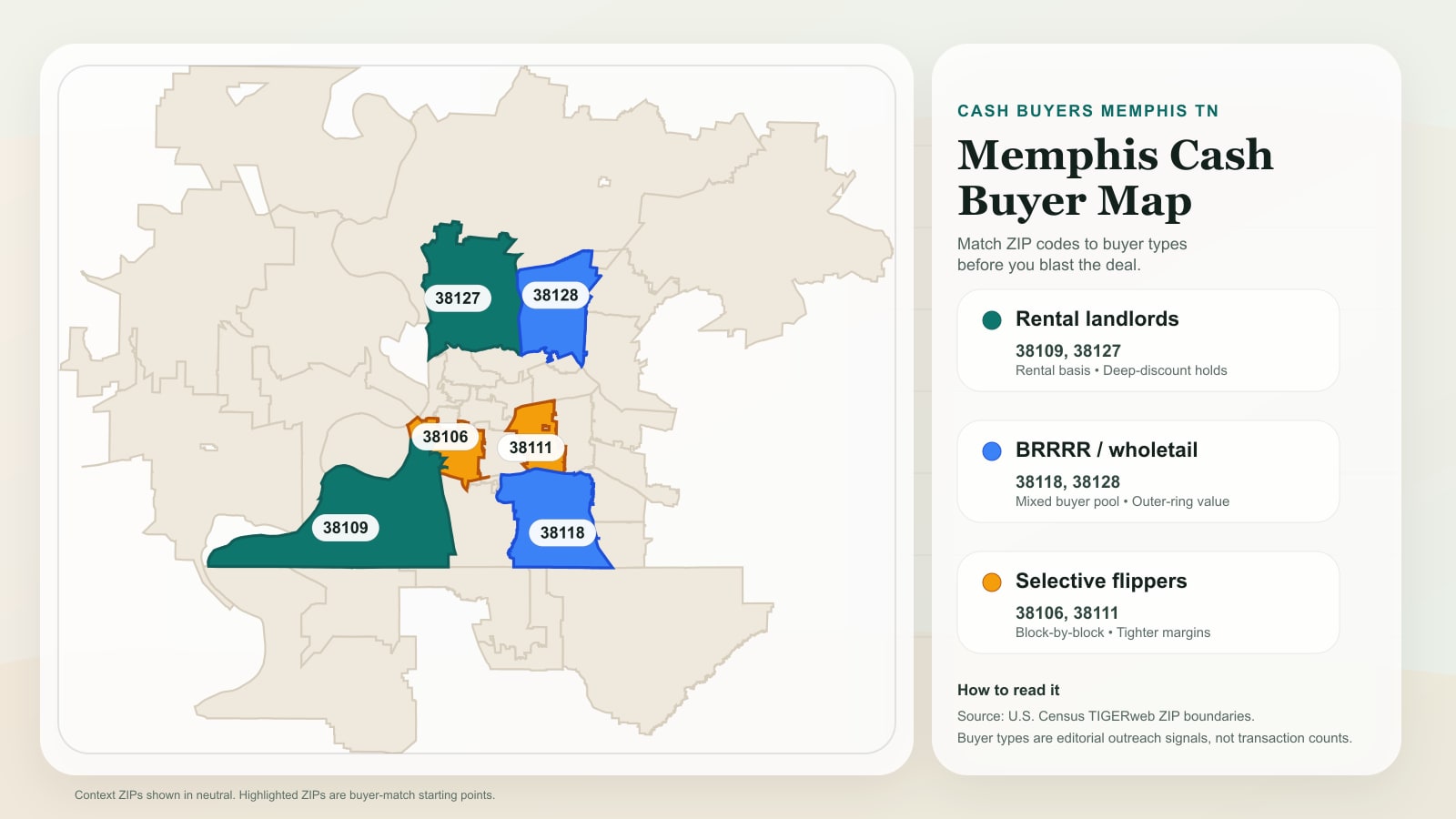 Memphis cash buyer map showing buyer type fit by ZIP code for landlords, BRRRR buyers, wholetail buyers, and selective flippers