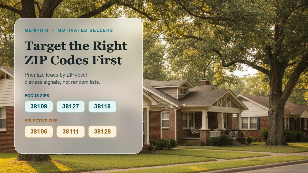 Tree-lined Memphis residential street of brick homes at golden hour, overlaid with focus and selective target ZIP codes for motivated-seller leads