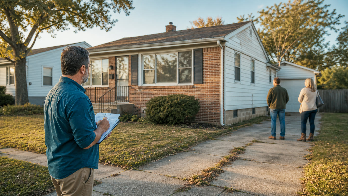 A real estate operator reviewing a modest single-family home while prospective cash buyers inspect it during a golden-hour walkthrough