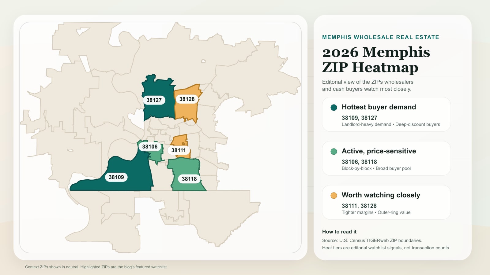 Memphis wholesale real estate heatmap showing investor ZIP code watchlist tiers for 38109, 38127, 38118, 38106, 38111, and 38128