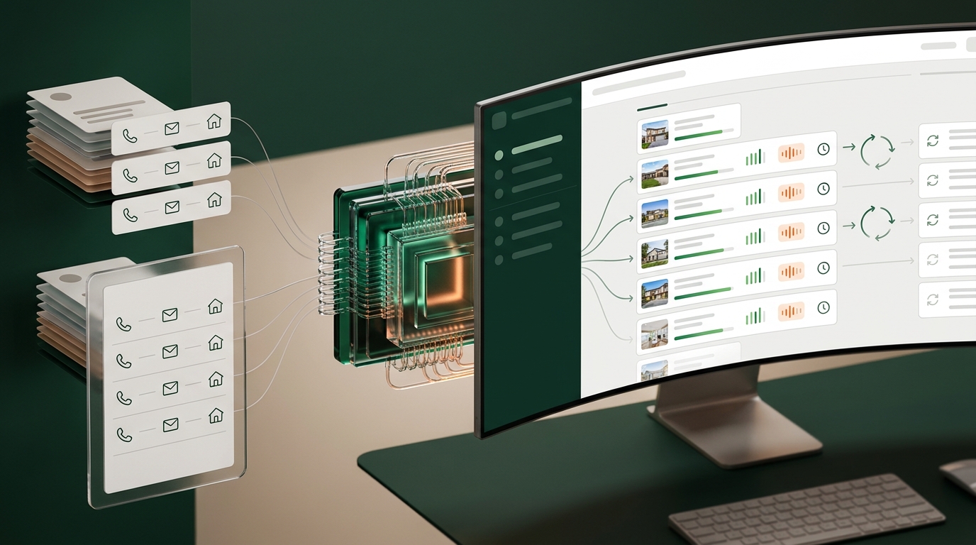 Real estate lead generation command center showing skip tracing records transformed into AI lead scores, owner signals, follow-up timing, and buyer demand