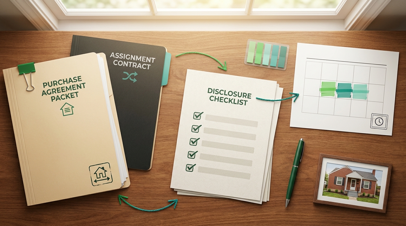 Real estate wholesaling compliance desk with Tennessee purchase agreement papers, assignment documents, disclosure checklist, calendar notice, and a Memphis house photo