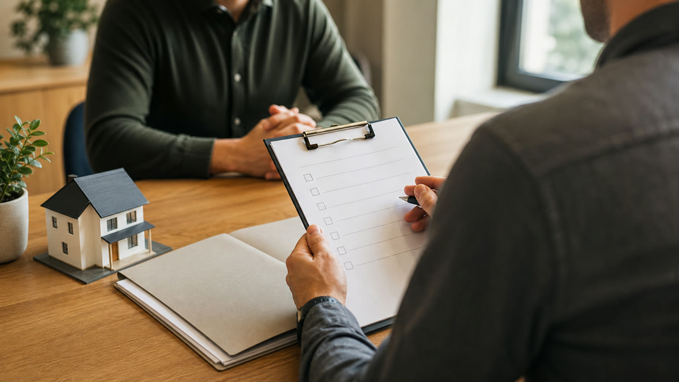 A wholesaler reviewing a buyer-qualification checklist across a table from a prospective cash buyer, with a house model and deal package nearby