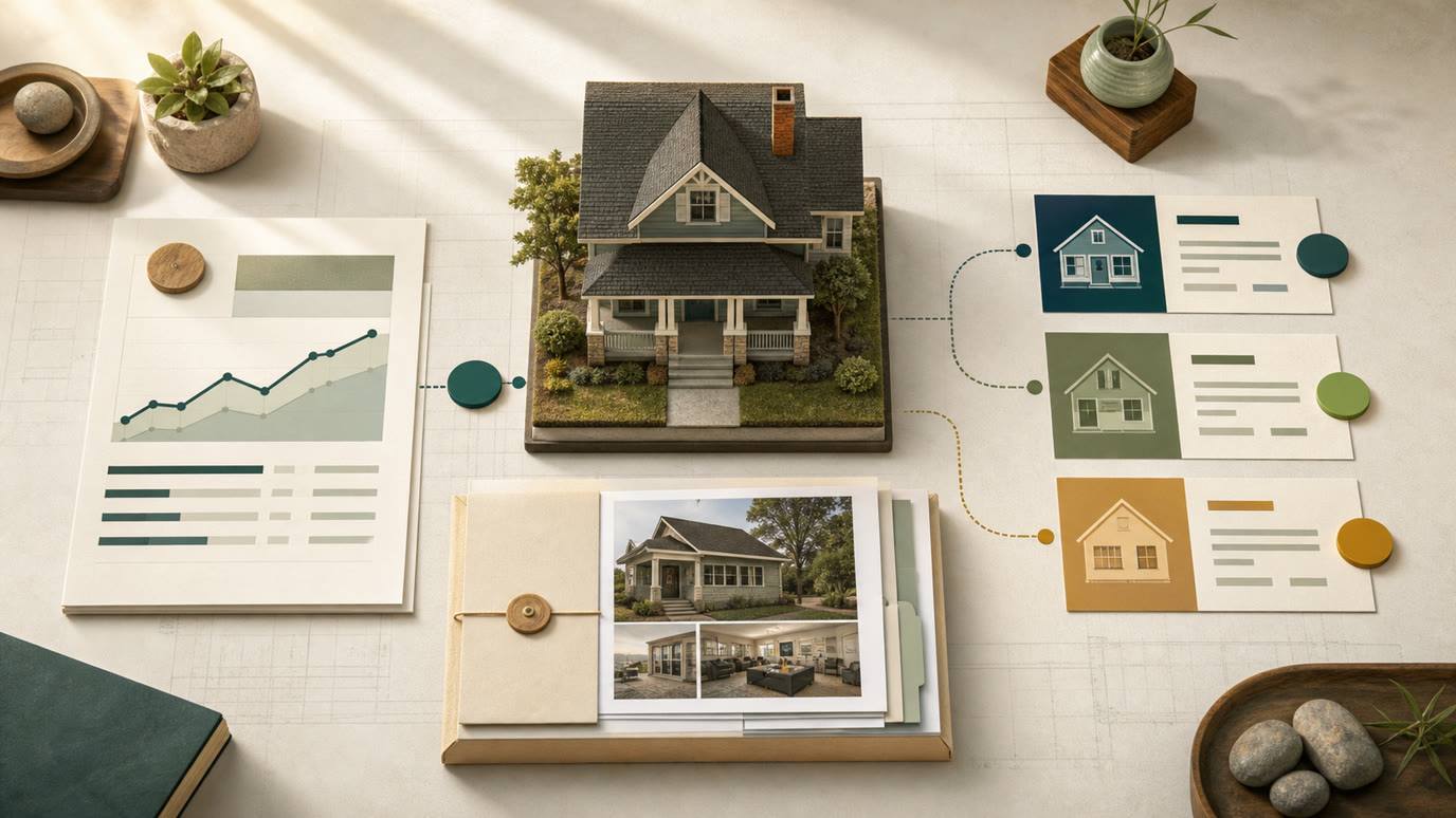 An editorial real estate disposition workflow showing a property analysis, buyer-ready deal package, and matched cash buyer profiles