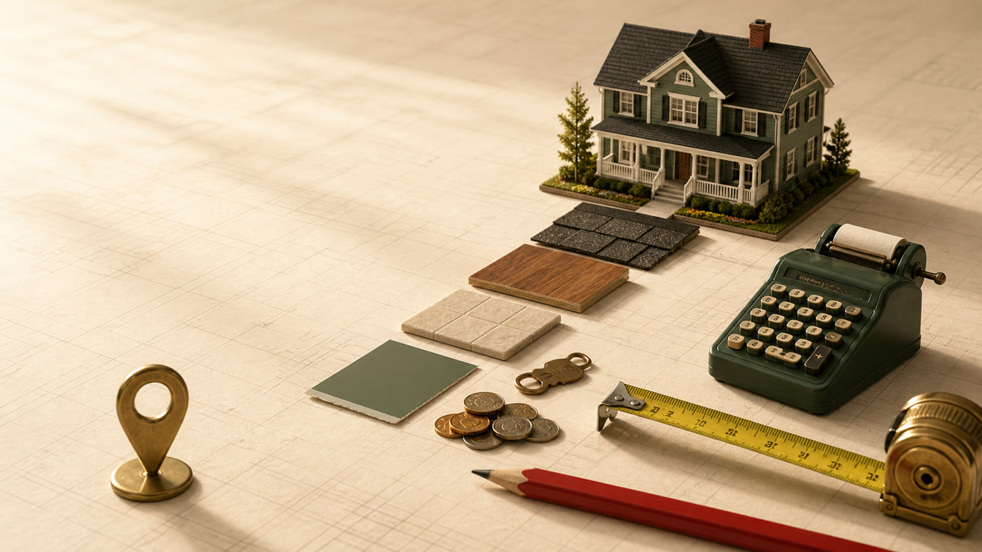 A finished house model, renovation materials, calculator, key, and measuring tools arranged on architectural paper to represent working backward to a maximum allowable offer